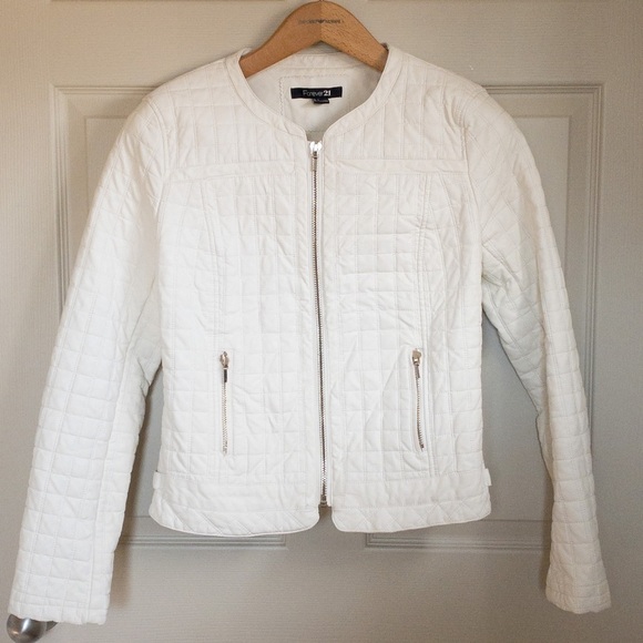 𝅺Forever 21 White Vegan Faux Leather Moto Jacket Coat Checker Print Size L NWOT - Picture 1 of 14